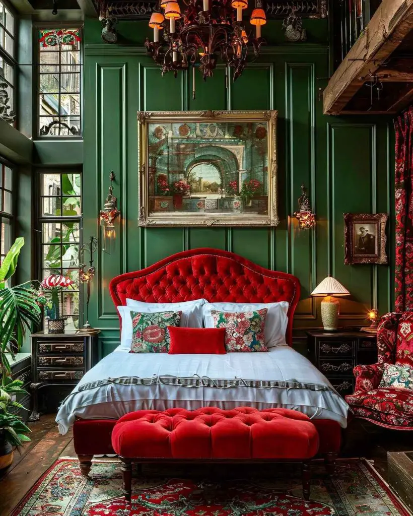 Opulent green bedroom with dramatic red headboard and ornate chandelier