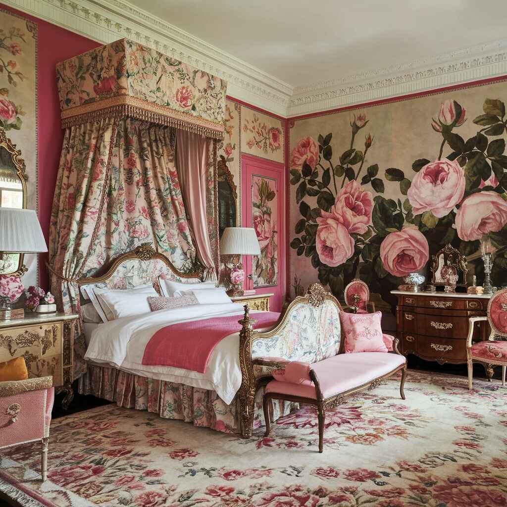 Pink bedroom with watercolor wall art and modern furniture
