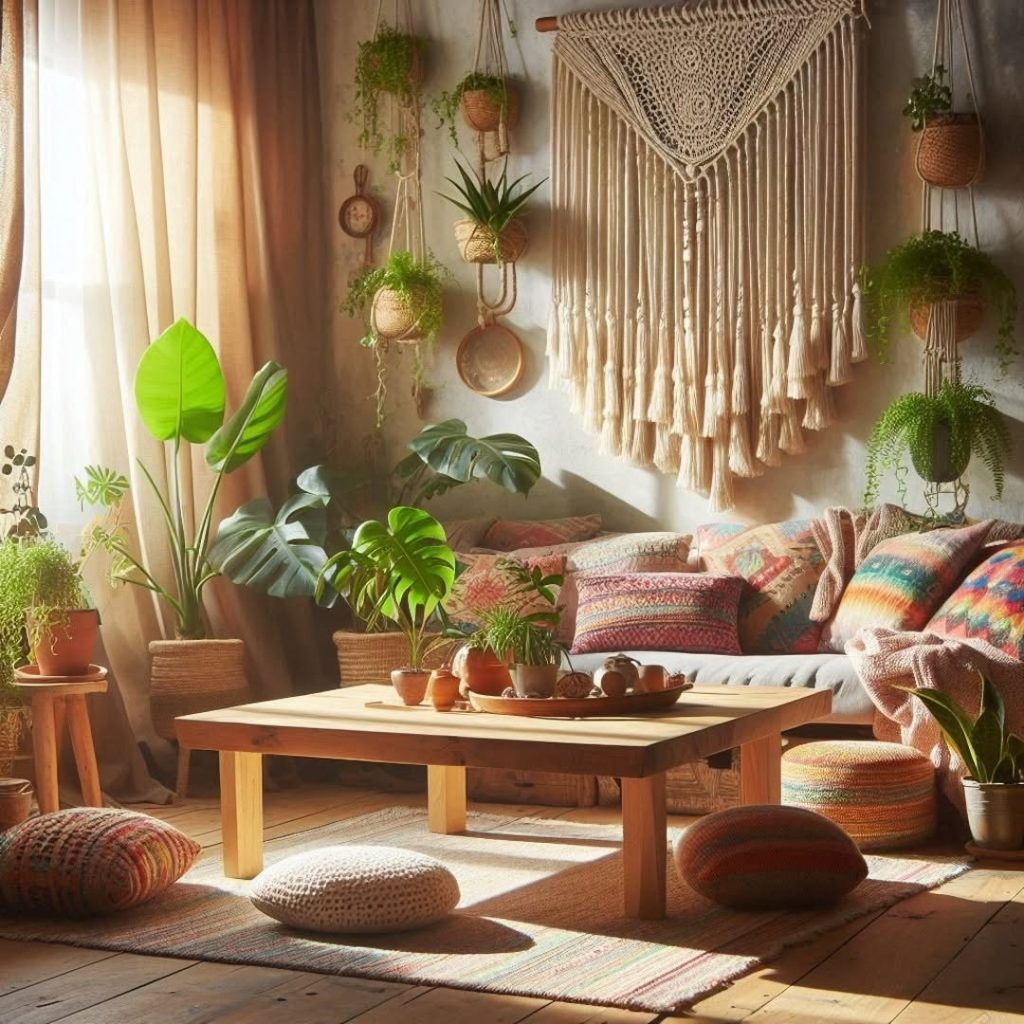 Living room with macrame art hanging plants and white sofa.