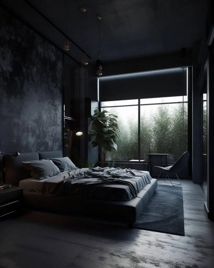 Modern bedroom with large windows overlooking green forest