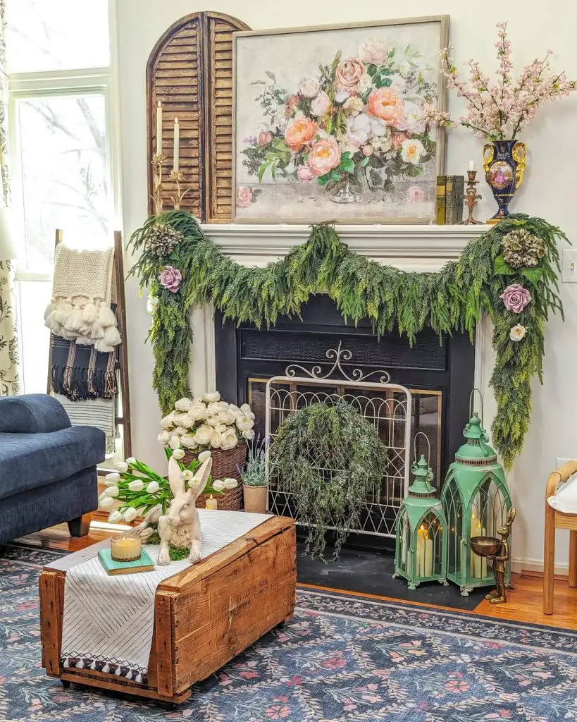 Coffee bar with spring decorations and hanging mug display