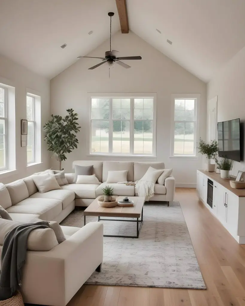 Bright modern farmhouse living room with vaulted ceiling and white sectional