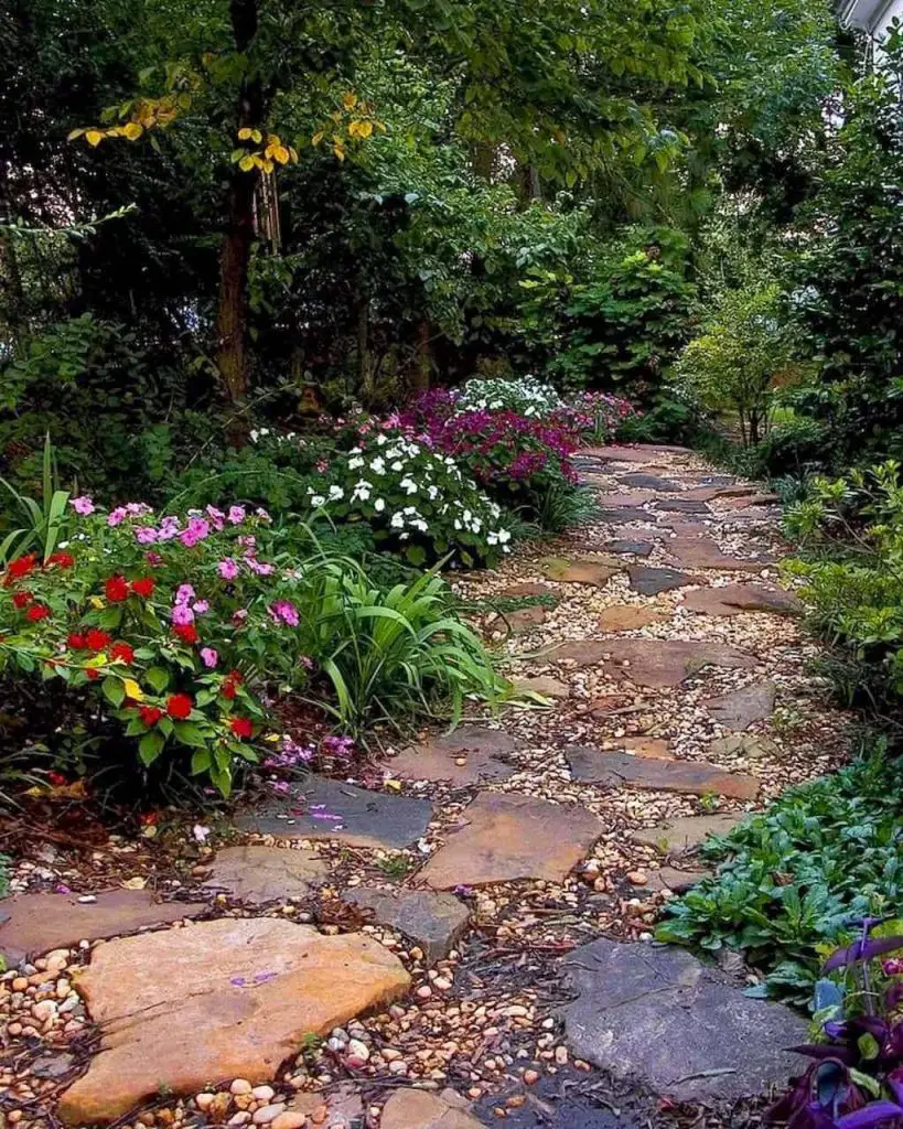 Garden path made with tree rings stones and river rocks