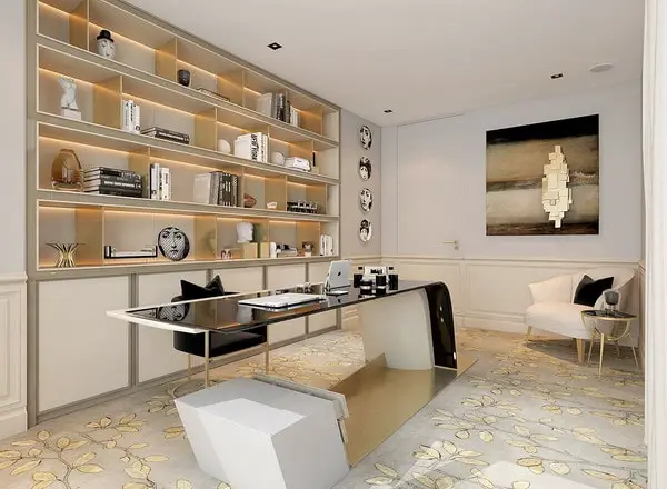 Dark dramatic office with geometric wallpaper and gold lighting
