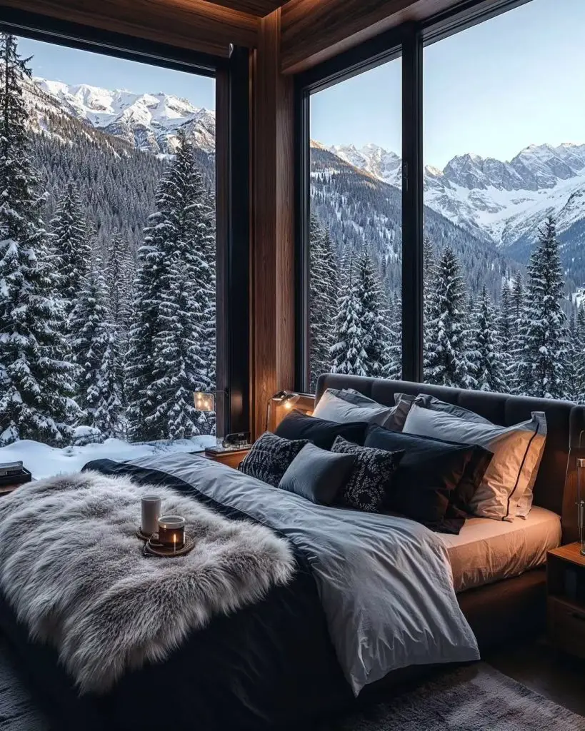Modern bedroom overlooking snowy mountain forest landscape.