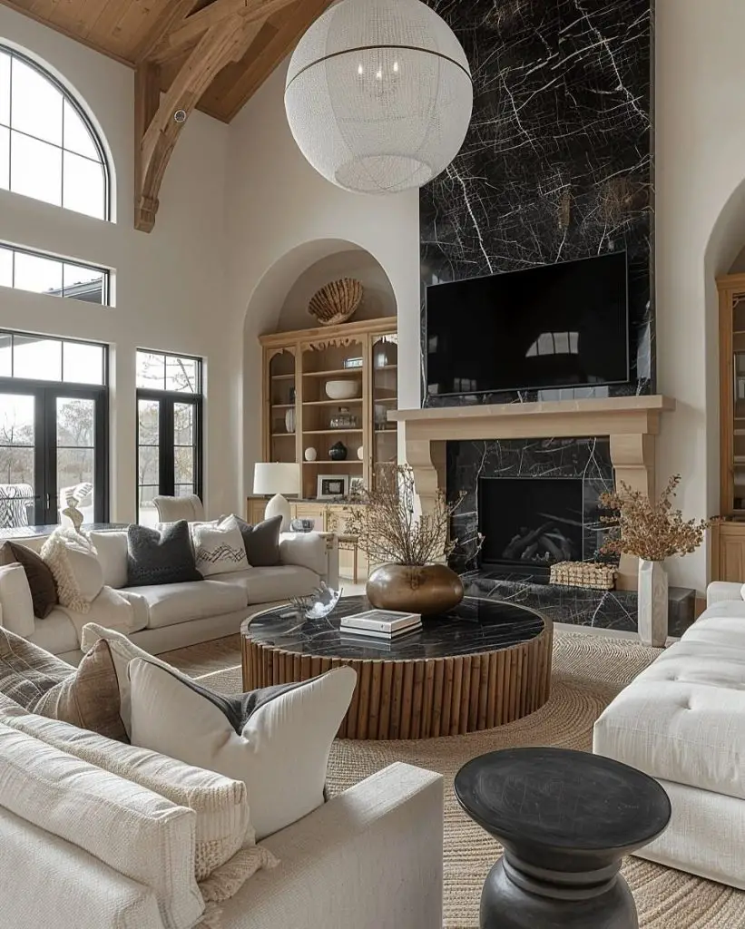 Living room with black marble fireplace modern furniture and sphere pendant light