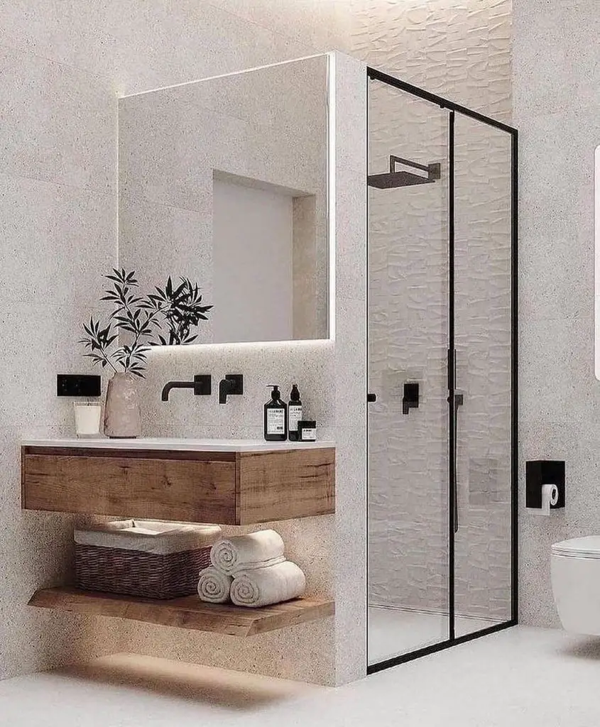 Modern bathroom with wooden vanity and textured white walls