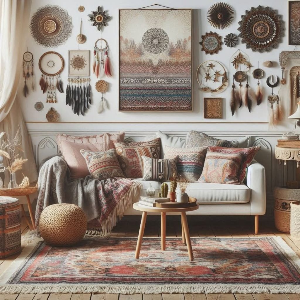 White living room with wooden beams plush sofa and round coffee table.