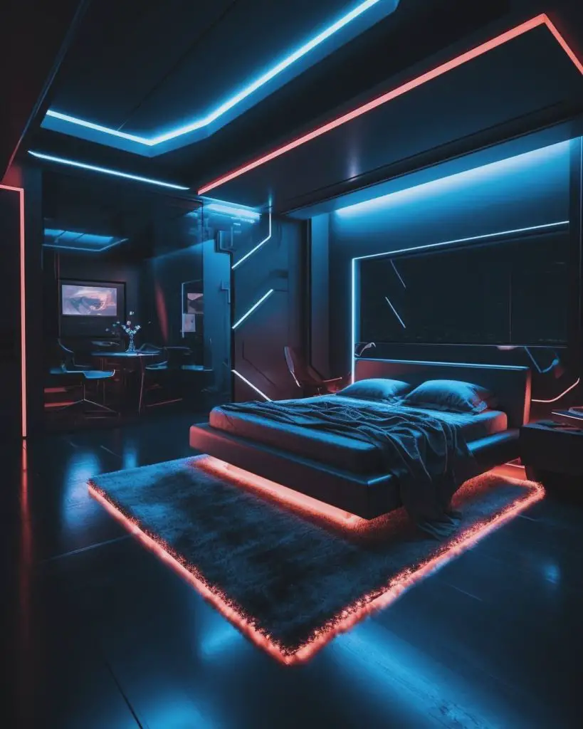 Dark modern bedroom with large plants and wooden features