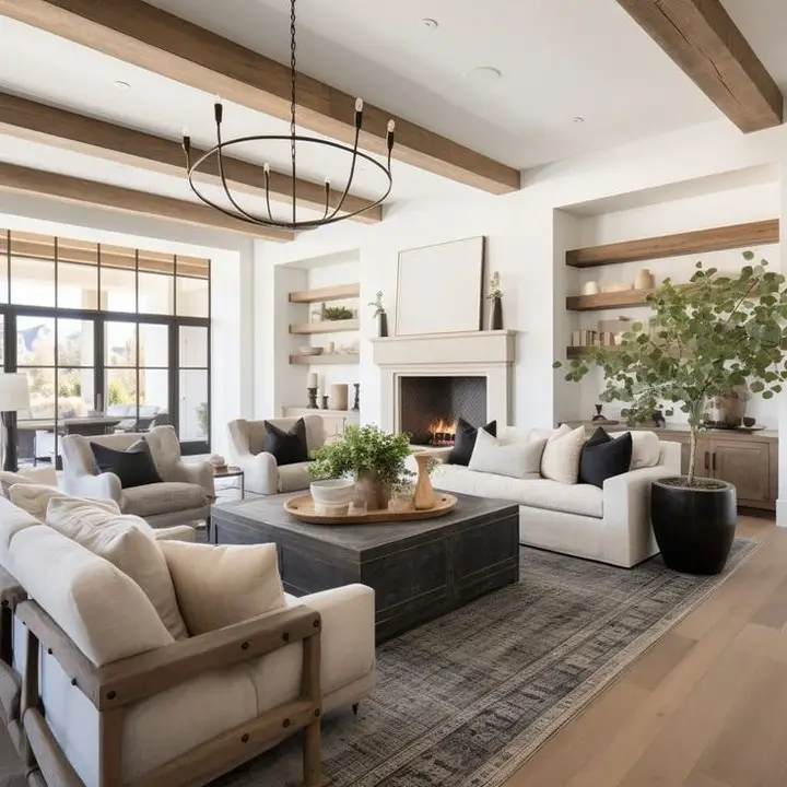 Modern farmhouse living room with wooden beams and built in shelving
