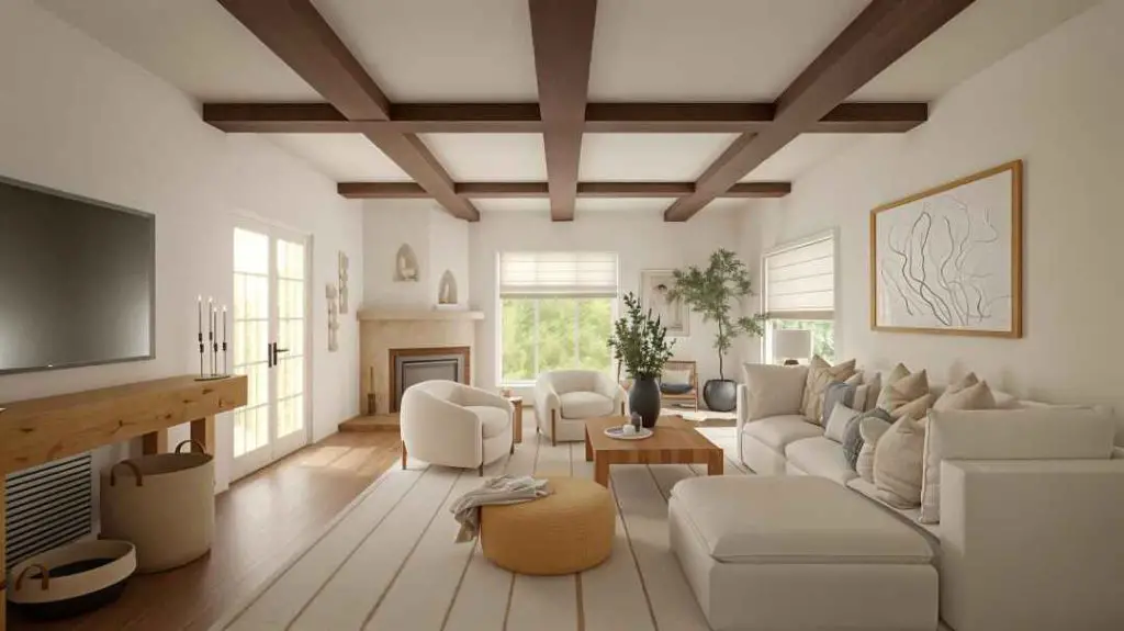 Modern Mediterranean living room with coffered ceiling and curved furniture