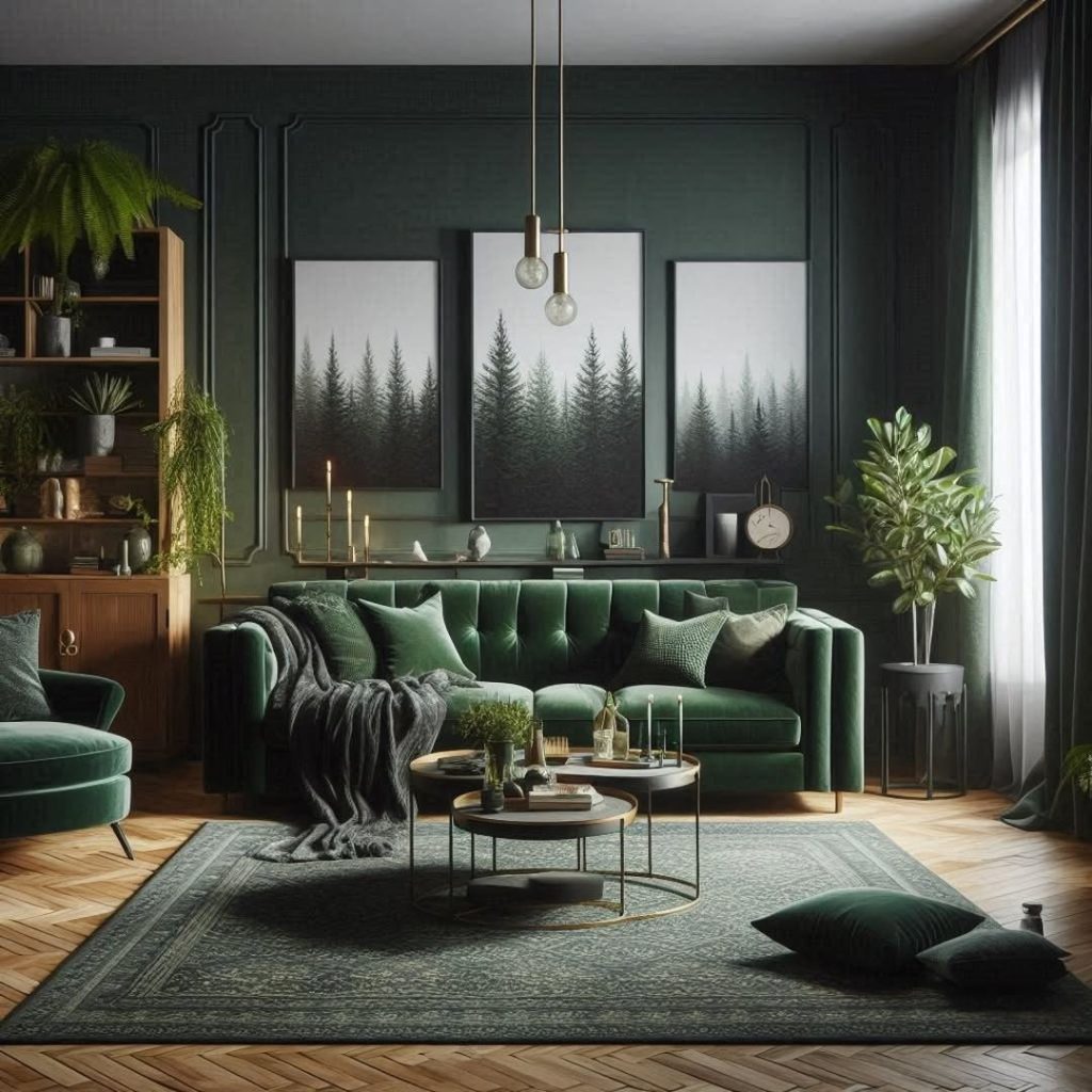 Green velvet sofa forest wall art hanging plants elegant decor