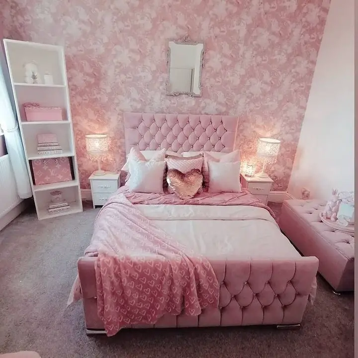 Pink bedroom with abstract lighting and textured walls