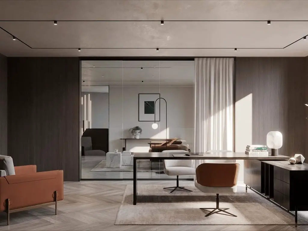 Compact office with burgundy accent wall and wooden desk