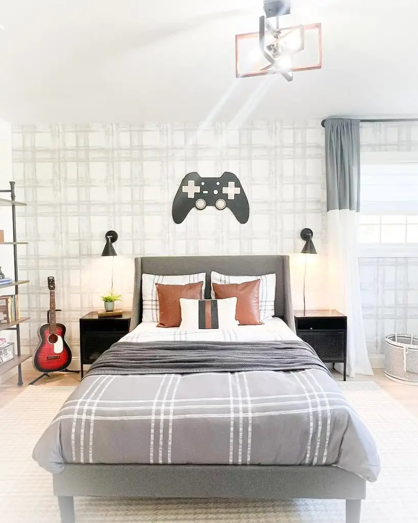 Sports themed bedroom with basketball decor and black accent wall