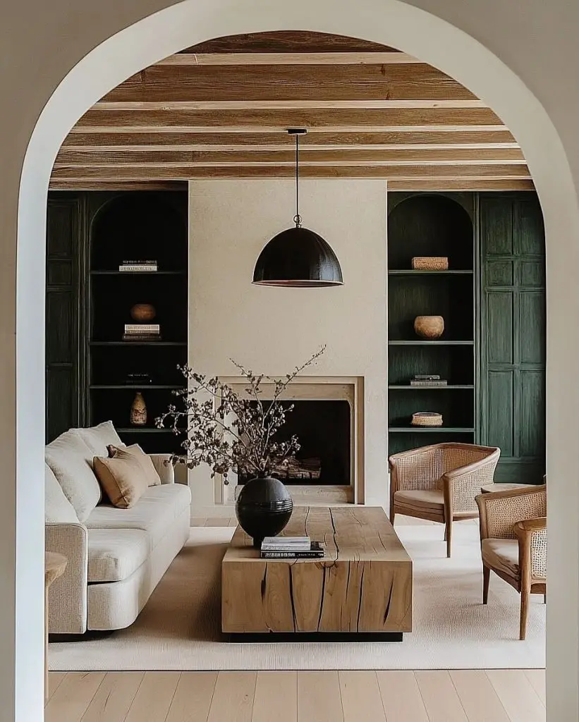 Mediterranean living room with arch doorway green shelving and wooden coffee table