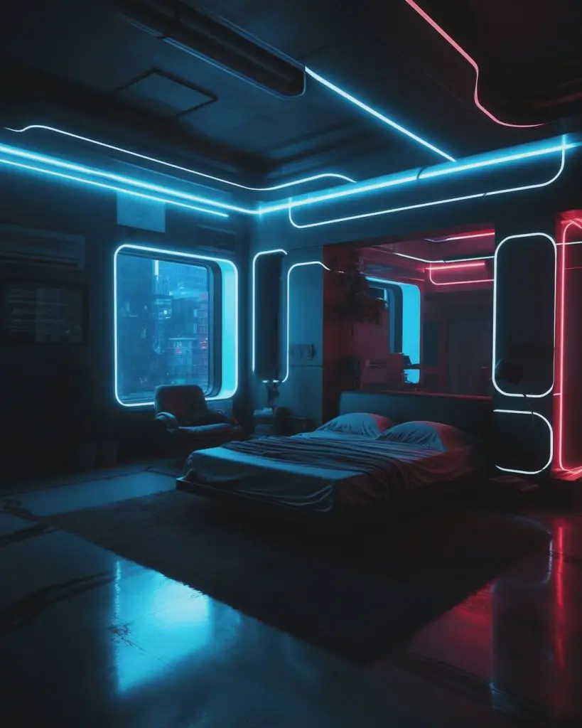 Modern bedroom with blue neon lighting and geometric patterns