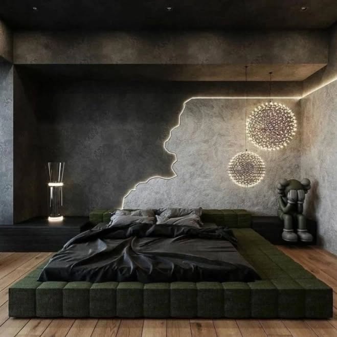 Modern bedroom with LED wall art and green platform bed