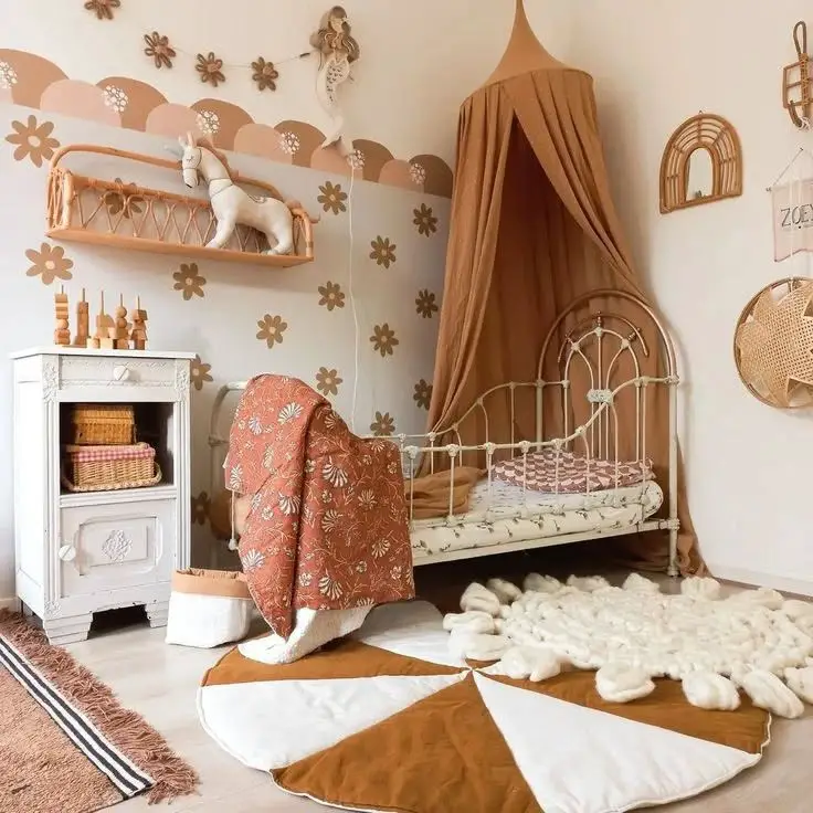 Boys bedroom with terracotta canopy metallic accents and vintage inspired furniture