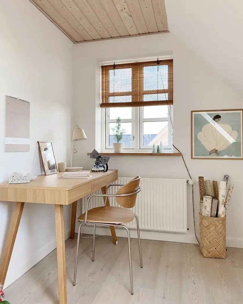 Modern home office with mountain views built in storage and wooden desk