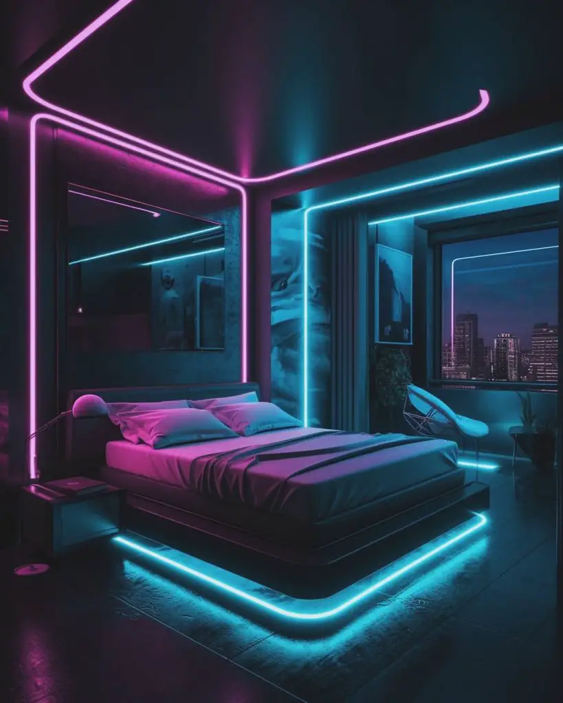 Modern bedroom with pink and blue neon lights illuminating floating bed and city view