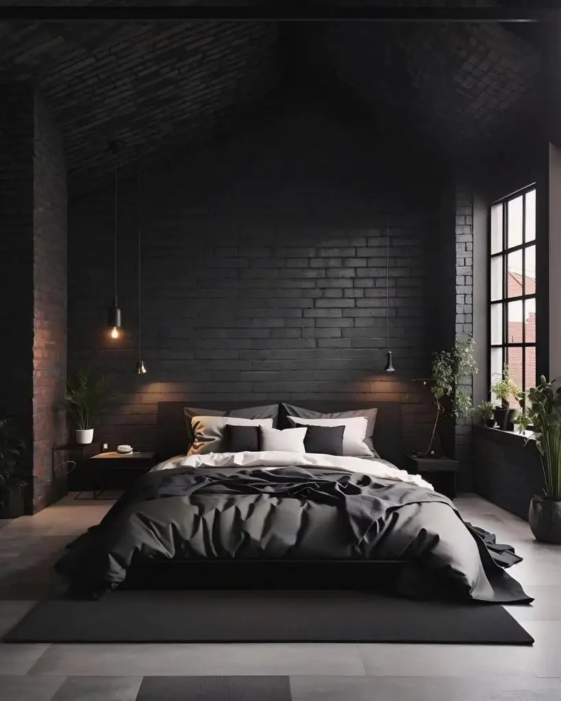 Modern bedroom with black walls white bedding and hanging lights