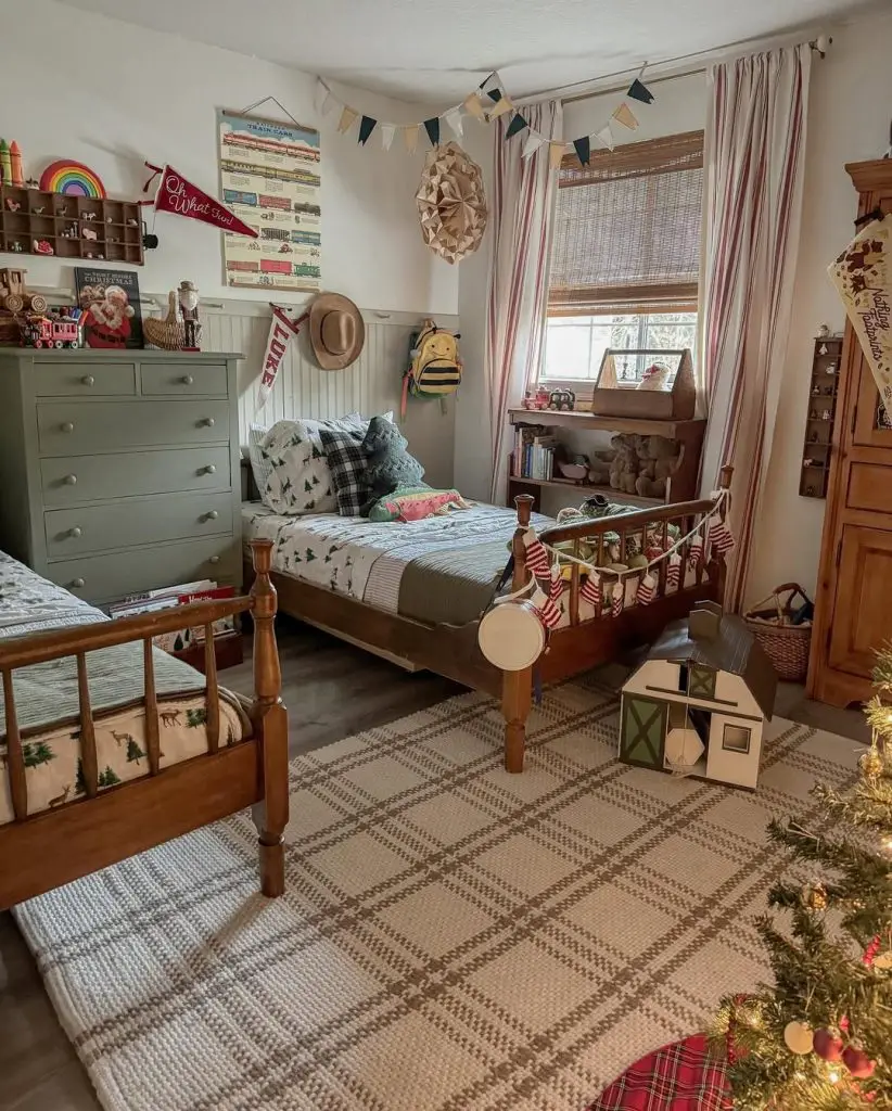 Twin bedroom with Christmas decor vintage trains and wooden beds