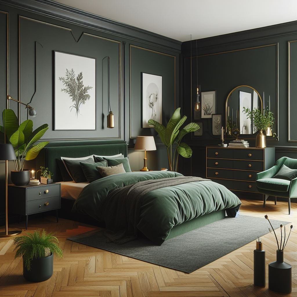 Modern bedroom with sage green walls wooden ceiling beams and landscape artwork