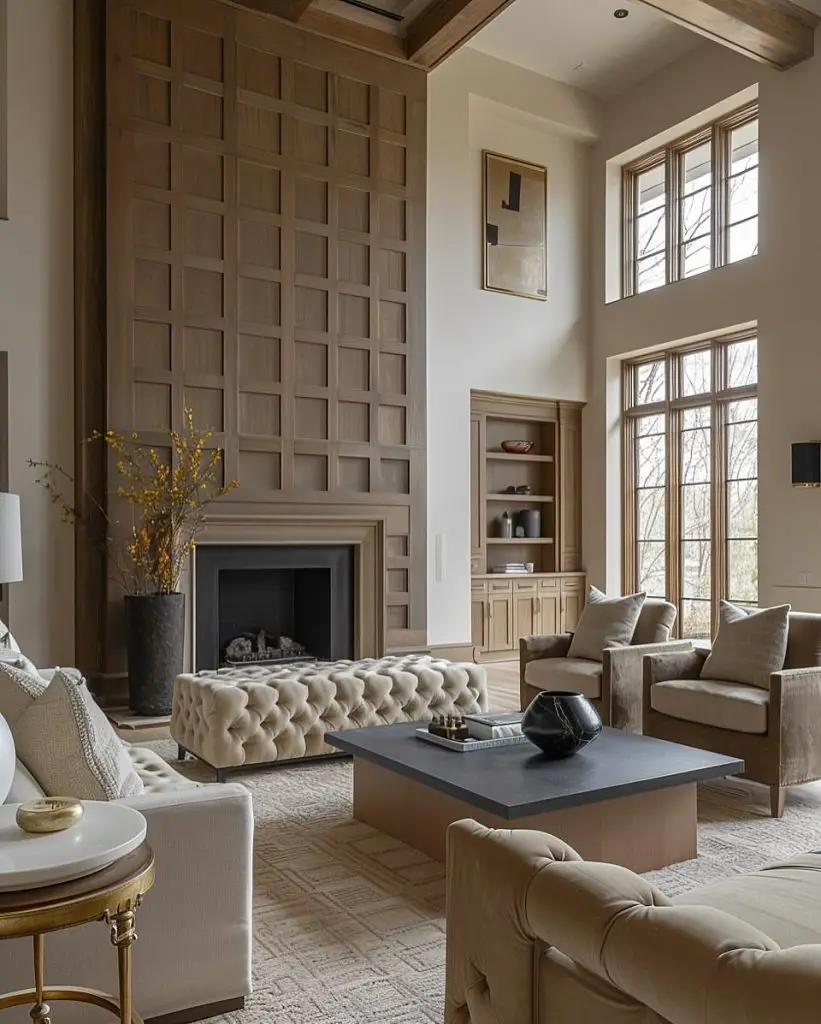 Living room with high paneled walls tufted ottoman and modern coffee table