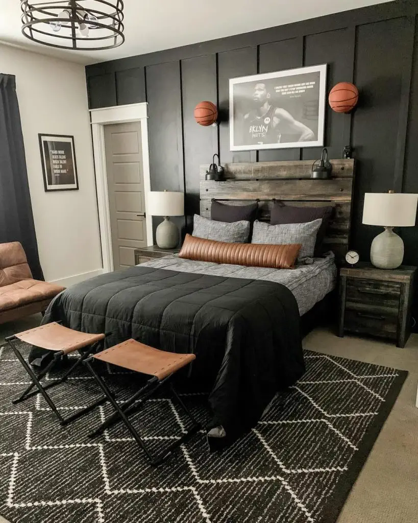 Teen bedroom with music theme yellow accents and window seating