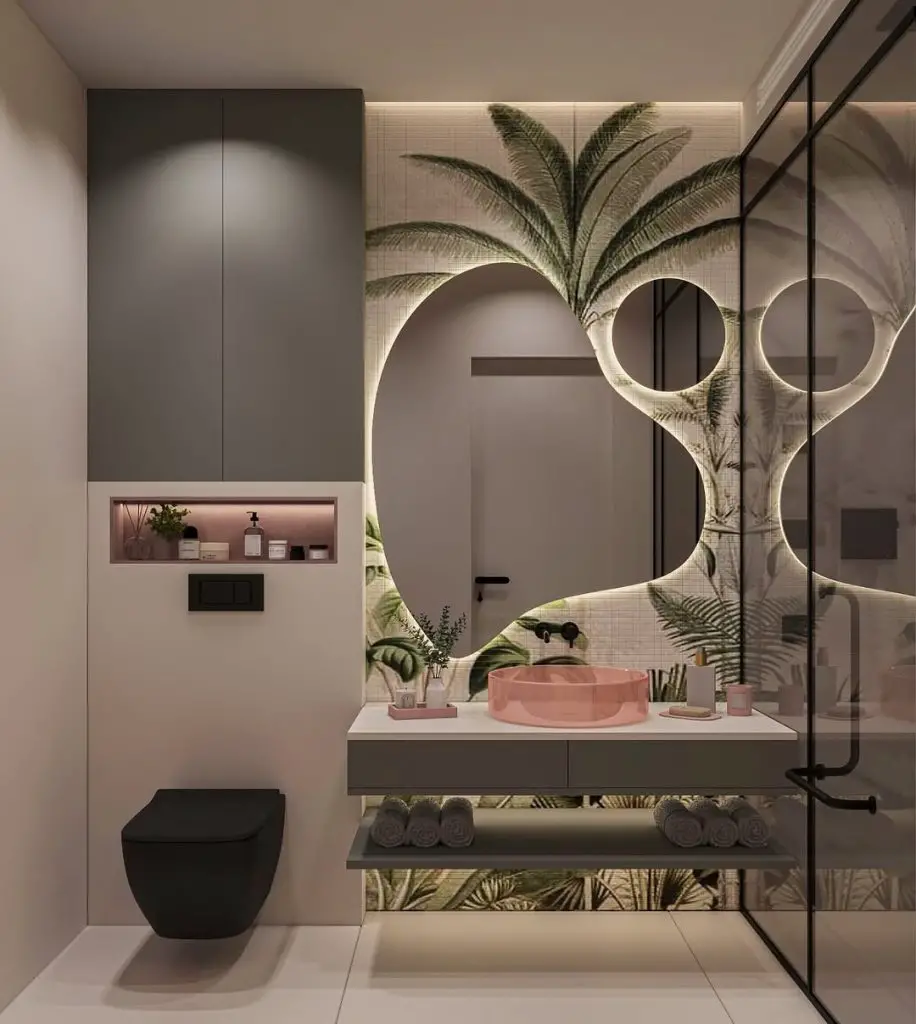 Modern bathroom with palm leaf wall and pink sink