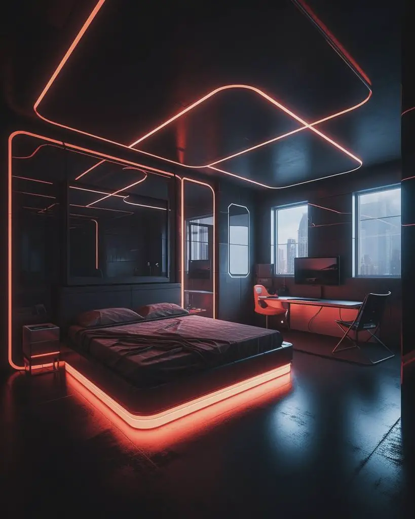 Modern bedroom featuring red neon ceiling lights and floating illuminated bed platform