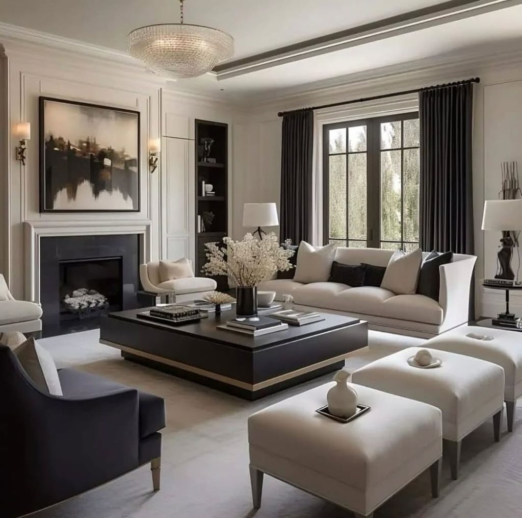 Black and white living room with crystal chandelier and modern furniture