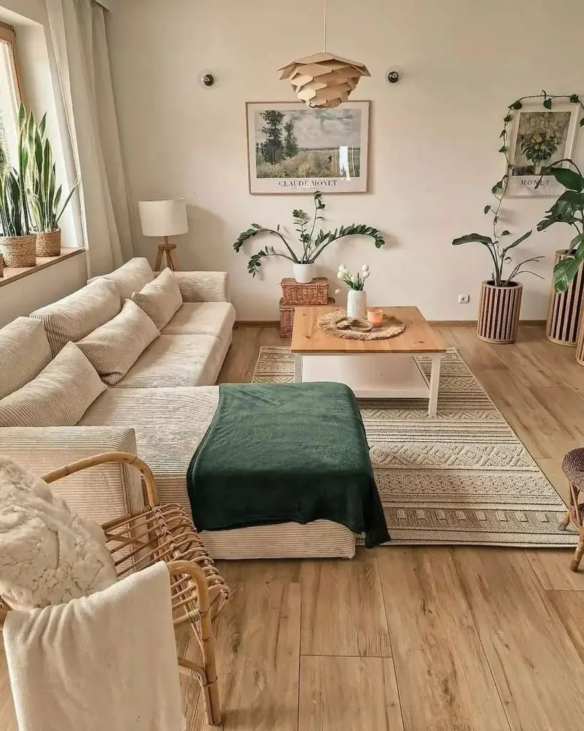 Living room with large monstera plants sectional sofa and pink lantern.