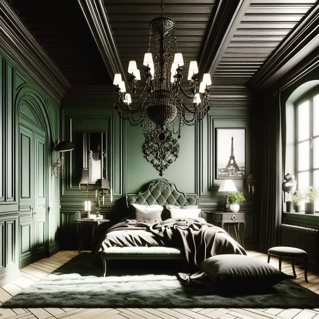 Classic green bedroom with ornate moldings and black crystal chandelier