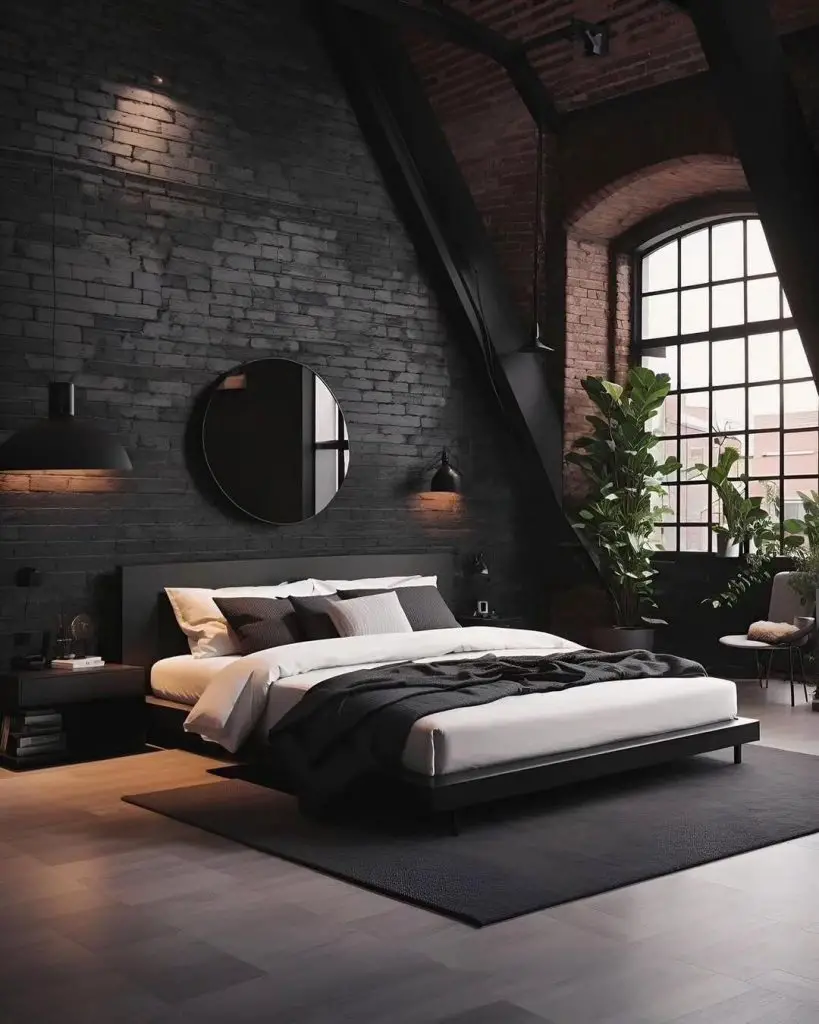Industrial bedroom with black walls circular mirror and large arched window