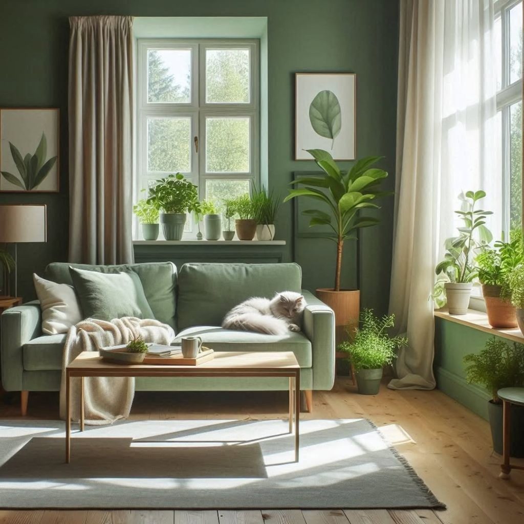 Green living room filled with plants white cat resting on sofa