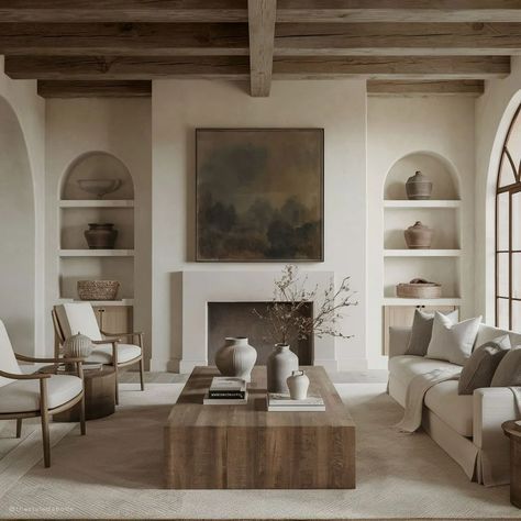 White living room with arched shelves wooden coffee table and beige sofa