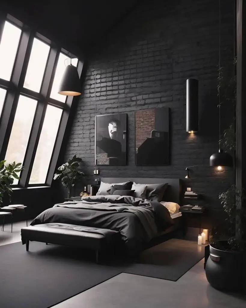 Bedroom with angled windows and modern black decor