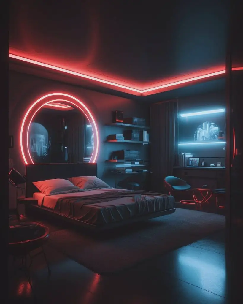 Dark bedroom with circular red LED mirror and modern black furniture
