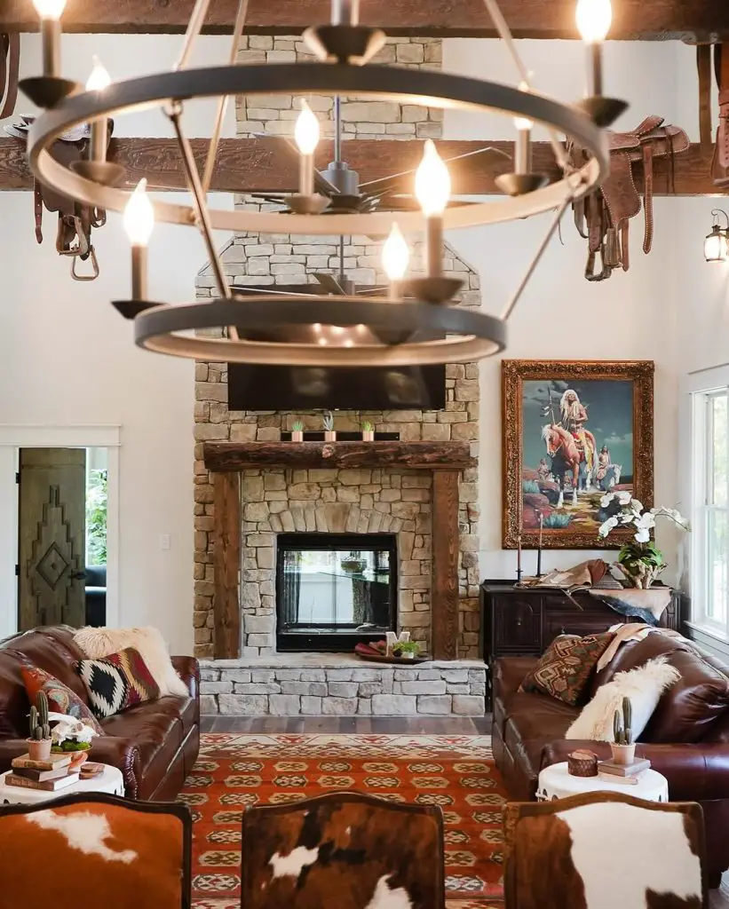 Contemporary western living room with leather furniture stone walls and saddle decor