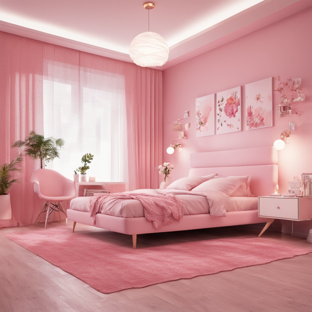 Romantic pink bedroom with white furniture and hanging lights