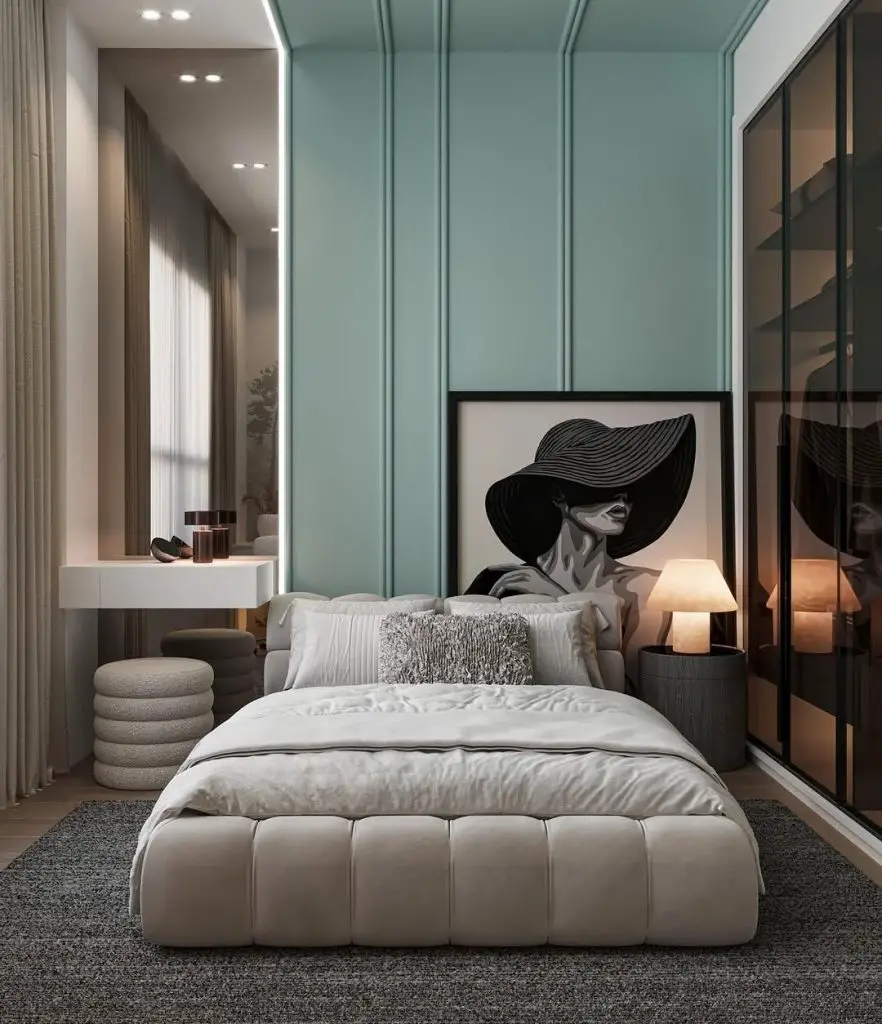 Modern minimalist bedroom with LED wall art and dark accents