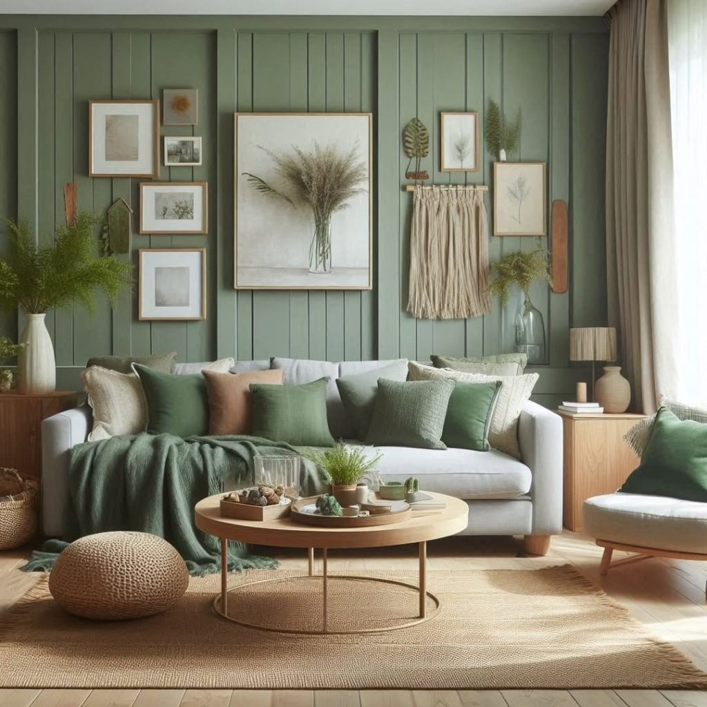 White living room with modern furniture plants and natural decor.