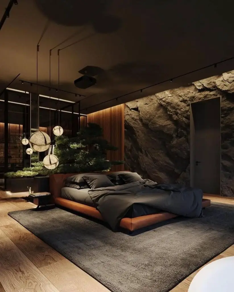 Modern bedroom with rock wall and sphere pendant lights