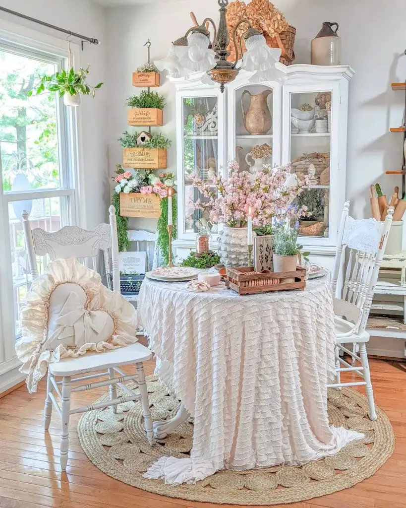 White dining room with vintage decor and herb box display