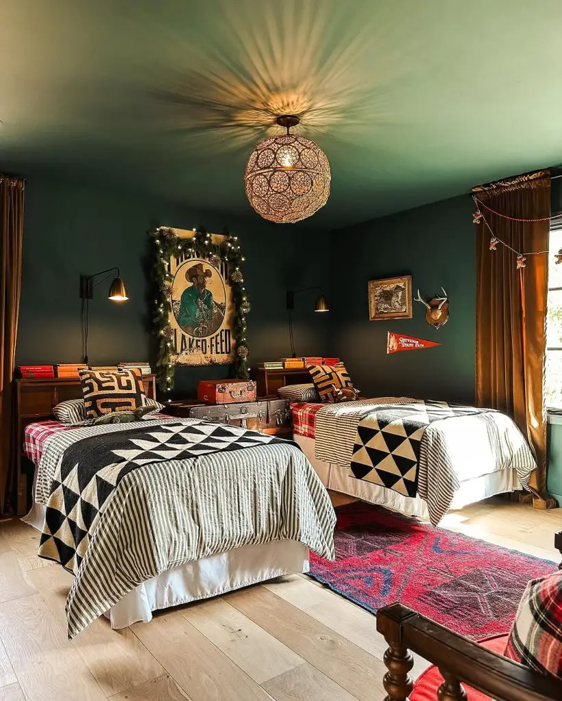 Twin beds with geometric quilts in dark green room with vintage decor