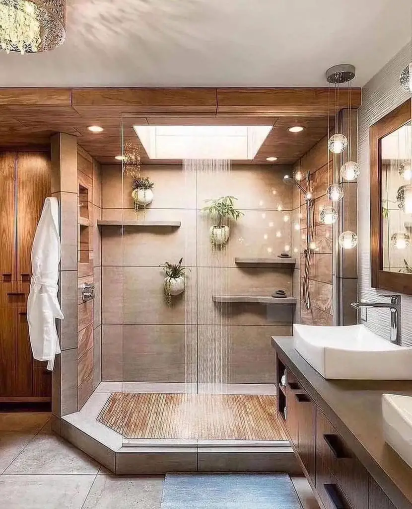 Luxurious walk in shower with wooden ceiling plants and pendant lights