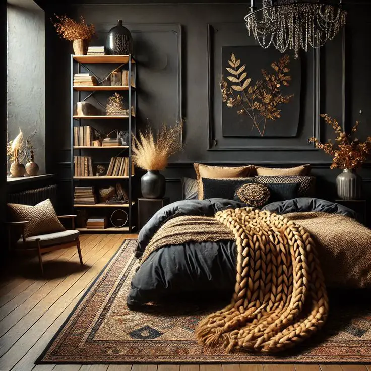 Dark bedroom with bookshelf wall and golden botanical accents