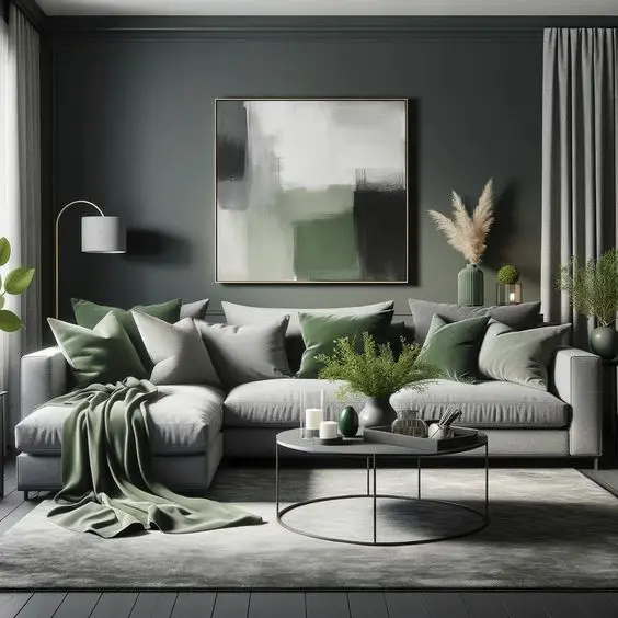 Modern living room with green walls gray sofa and metal tables
